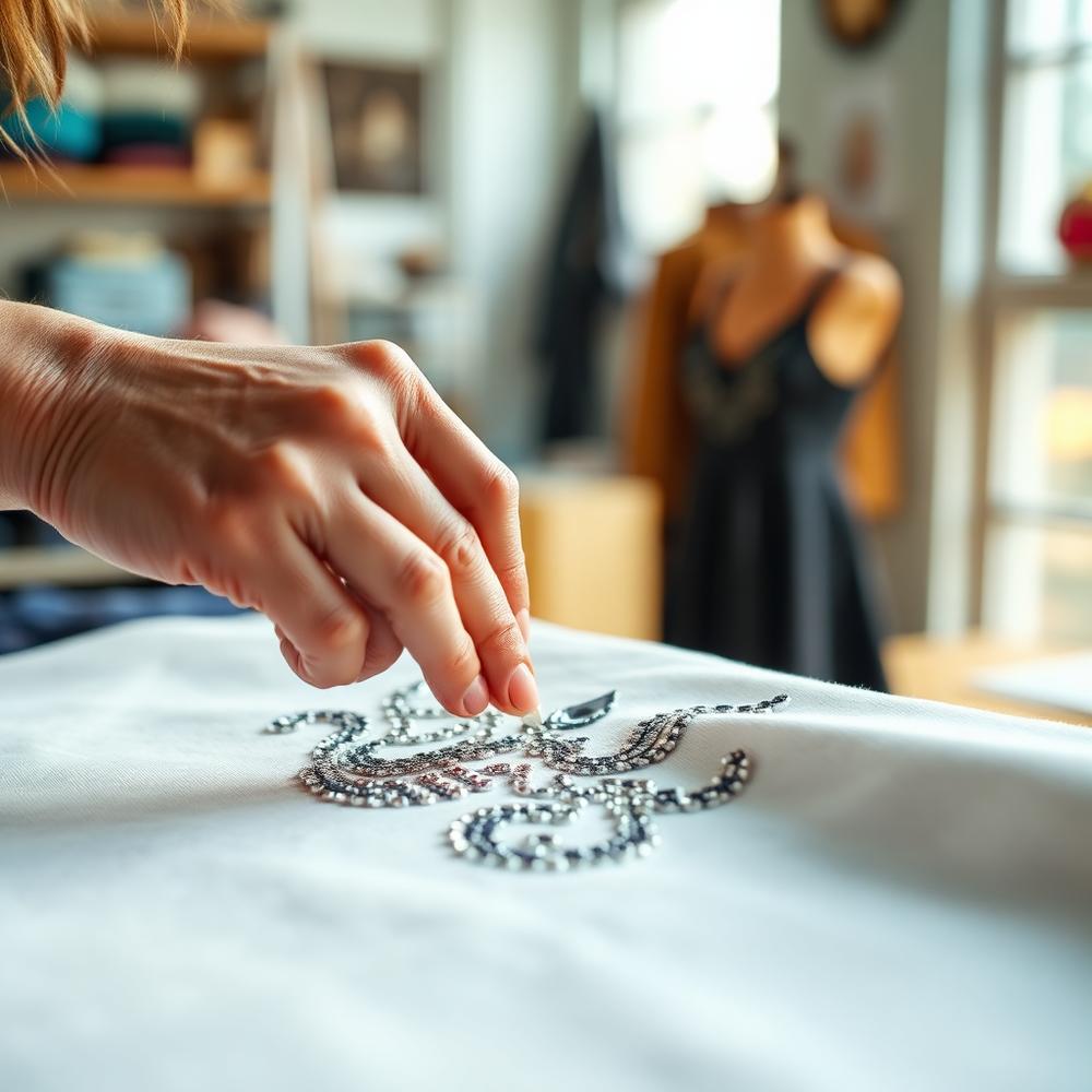 Rhinestone transfer design being applied to fabric by hand