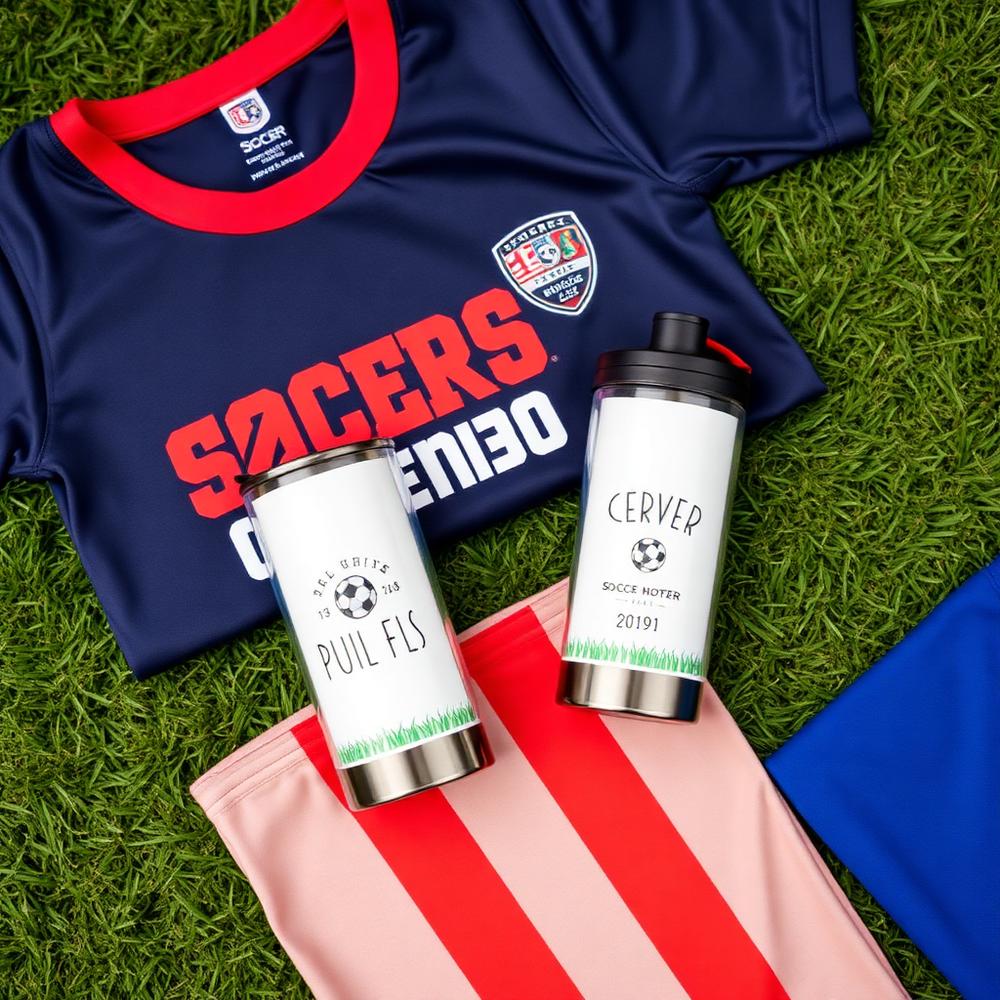 Custom soccer team shirt and personalized tumblers on turf